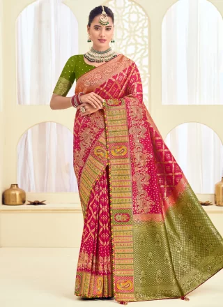 Cut, Embroidered and Jacquard Work Silk Traditional Saree In Rani