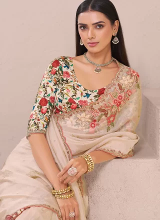 Cut, Embroidered and Zari Work Fancy Fabric Designer Saree In Beige for Ceremonial