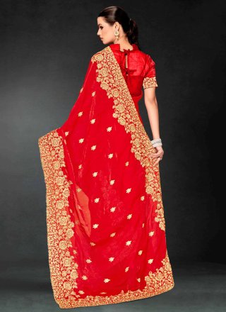 Cut, Embroidered and Zari Work Fandy Traditional Saree In Red for Ceremonial