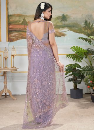 Cut, Embroidered, Jaal, Multi and Thread Work Net Classic Sari In Lavender