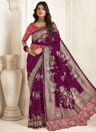 Cut, Embroidered, Jacquard and Stone Work Silk Designer Sari In Purple
