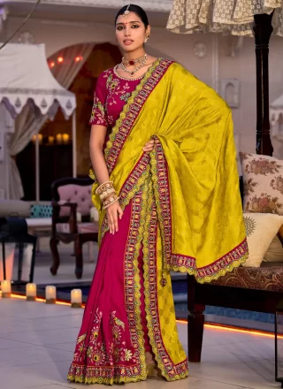 Cut, Embroidered, Jacquard, Mirror, Thread and Zari Work Silk Trendy Saree In Rani and Yellow Colour