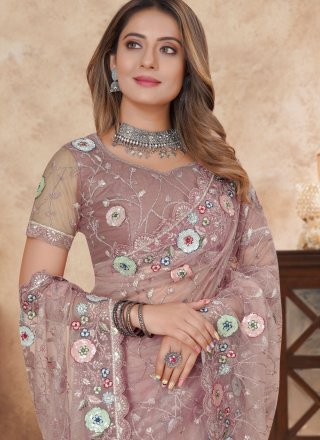 Cut, Embroidered, Multi, Resham and Sequins Work Net Classic Saree In Pink and Rust