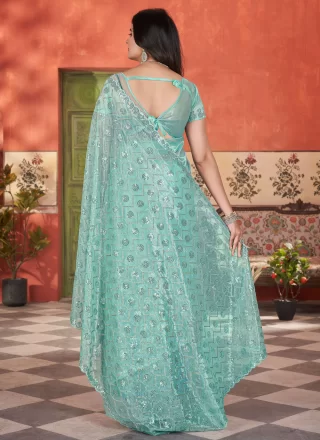 Cut, Embroidered, Sequins and Thread Work Net Classic Sari In Firozi