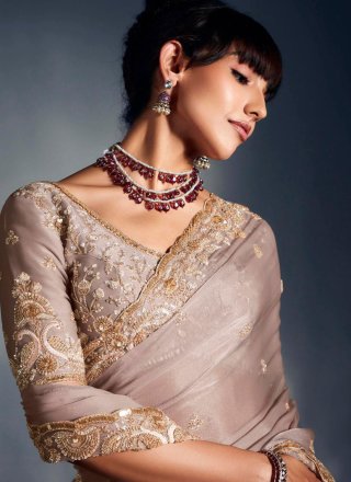 Cut, Embroidered, Sequins and Zari Work Fancy Fabric Designer Sari In Beige