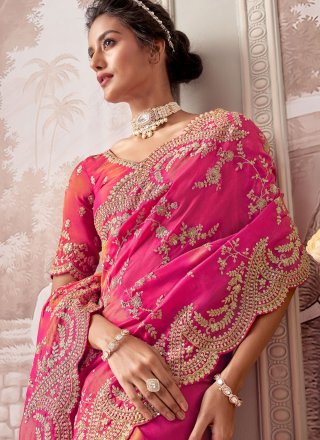Cut, Embroidered, Sequins and Zari Work Tissue Classic Sari In Rani