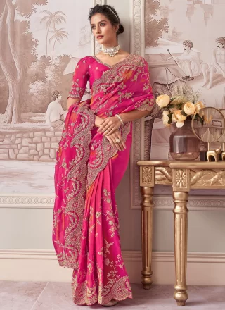 Cut, Embroidered, Sequins and Zari Work Tissue Classic Sari In Rani