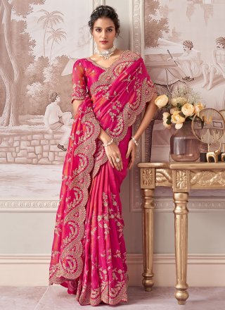 Cut, Embroidered, Sequins and Zari Work Tissue Classic Sari In Rani