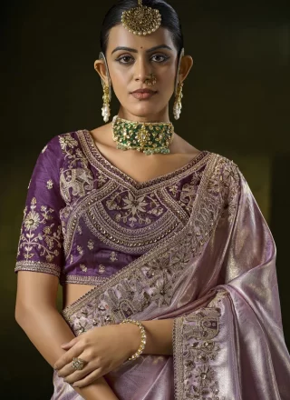 Cut, Embroidered, Sequins, Weaving and Zari Work Silk Contemporary Saree In Lavender