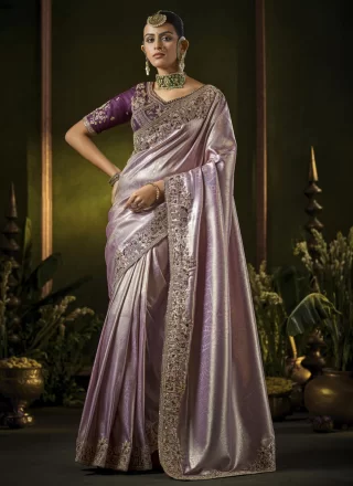 Cut, Embroidered, Sequins, Weaving and Zari Work Silk Contemporary Saree In Lavender