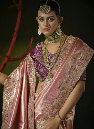 Cut, Embroidered, Sequins, Weaving and Zari Work Silk Designer Saree In Pink for Ceremonial