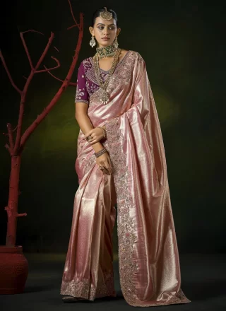Cut, Embroidered, Sequins, Weaving and Zari Work Silk Designer Saree In Pink for Ceremonial