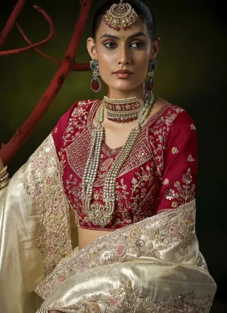 Cut, Embroidered, Sequins, Weaving and Zari Work Silk Traditional Saree In Cream