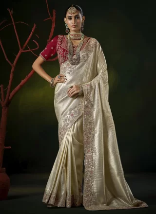 Cut, Embroidered, Sequins, Weaving and Zari Work Silk Traditional Saree In Cream