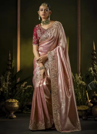 Cut, Embroidered, Sequins, Weaving and Zari Work Silk Traditional Saree In Pink