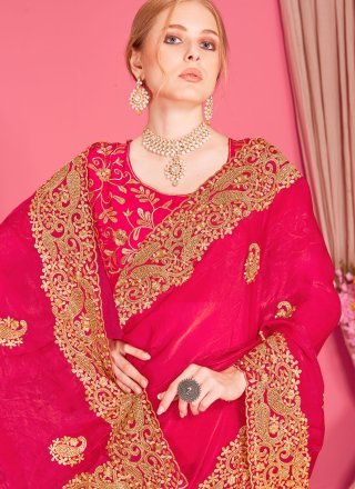 Cut, Embroidered, Zari and Zircon Work Fandy Classic Saree In Rani for Ceremonial