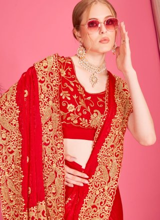 Cut, Embroidered, Zari and Zircon Work Fandy Designer Saree In Red for Ceremonial