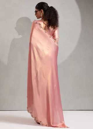 Cut, Hand and Zircon Work Georgette Satin Designer Sari In Pink