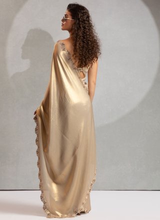 Cut, Hand and Zircon Work Georgette Satin Traditional Saree In Beige for Ceremonial