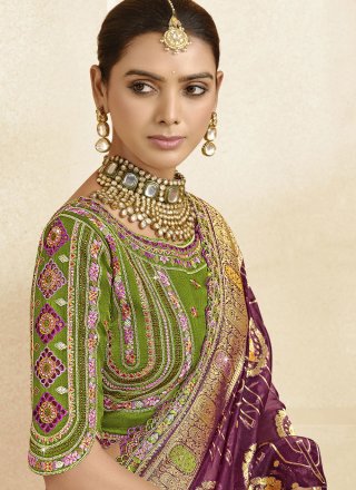 Cut, Jacquard, Lace, Stone, Weaving and Zari Work Silk Traditional Saree In Purple