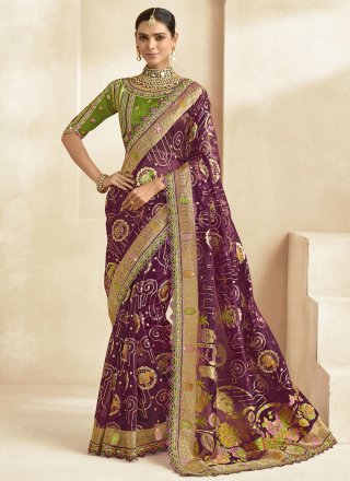Cut, Jacquard, Lace, Stone, Weaving and Zari Work Silk Traditional Saree In Purple