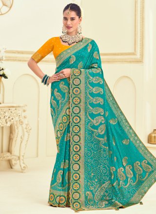 Cute Firozi Silk Trendy Saree with Cut, Embroidered and Jacquard Work