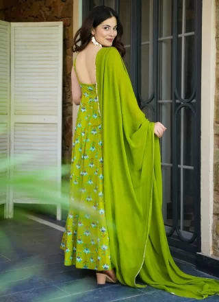 Cute Green Georgette Designer Gown with Digital Print Work