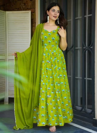 Cute Green Georgette Designer Gown with Digital Print Work
