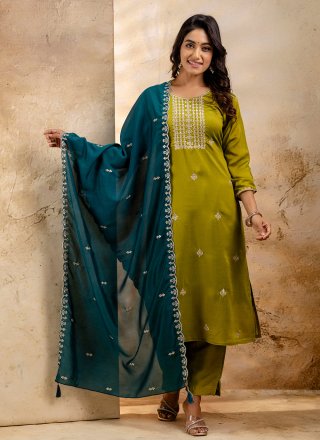 Cute Green Silk Blend Pant Style Suit with Embroidered Work