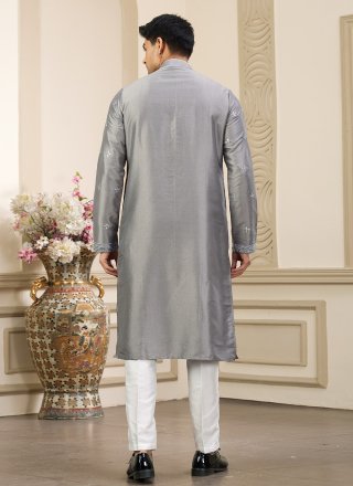 Cute Grey Art Banarasi Silk Kurta Pyjama