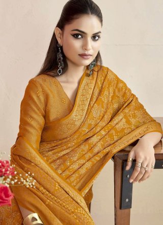 Dainty Mustard Silk Classic Sari with Jacquard and Print Work