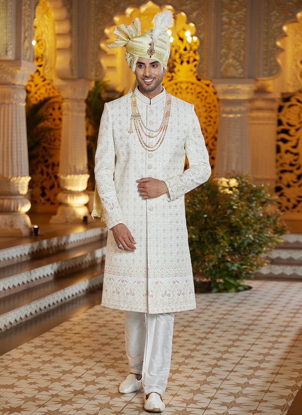 Buy Online Dashing Cream Art Silk Sherwani Mens Wear with Hand