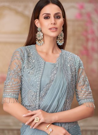 Dashing Grey Georgette Trendy Saree with Embroidered, Sequins and Zari Work