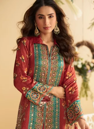 Dashing Multi Colour Crepe Silk Palazzo Salwar Suit with Mirror Work