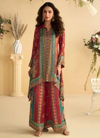 Dashing Multi Colour Crepe Silk Palazzo Salwar Suit with Mirror Work