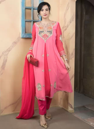 Dashing Pink Georgette Anarkali Suit with Embroidered, Sequins and Zari Work