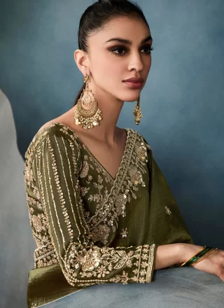 Dazzling Green Tissue Contemporary Sari with Embroidered, Sequins and Zari Work