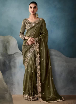 Dazzling Green Tissue Contemporary Sari with Embroidered, Sequins and Zari Work