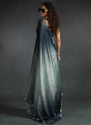 Dazzling Grey Satin Silk Designer Saree with Patch Border and Diamond Work