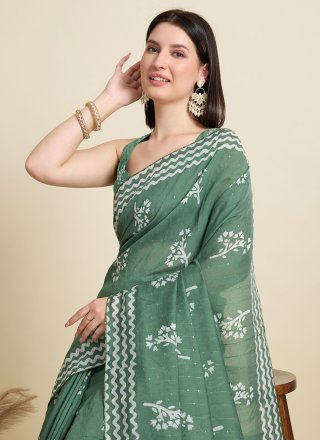 Delectable Green and Grey Cotton Contemporary Saree