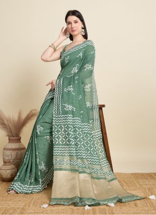 Delectable Green and Grey Cotton Contemporary Saree
