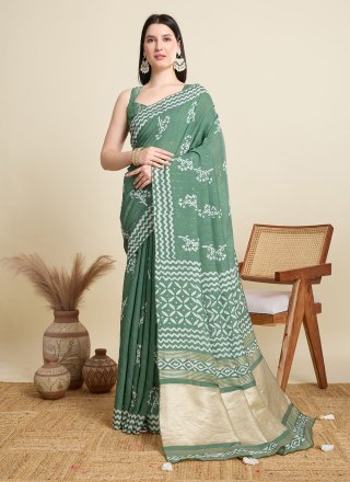 Delectable Green and Grey Cotton Contemporary Saree