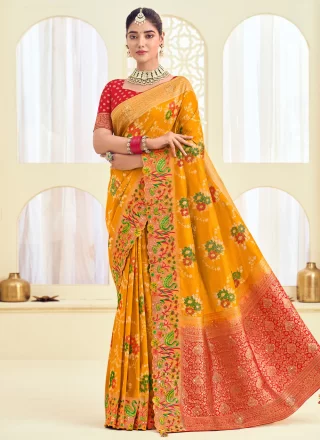 Delightsome Mustard Silk Classic Sari with Cut, Embroidered and Jacquard Work