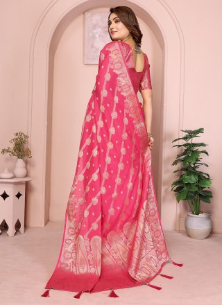 Delightsome Pink Georgette Classic Saree with Floral Patch Work