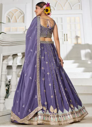 Delightsome Violet Georgette A - Line Lehenga Choli with Embroidered, Sequins and Zari Work