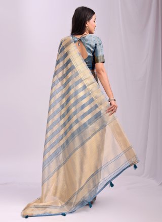 Demure Aqua Blue Organza Trendy Saree with Weaving Work