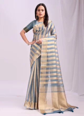 Demure Aqua Blue Organza Trendy Saree with Weaving Work