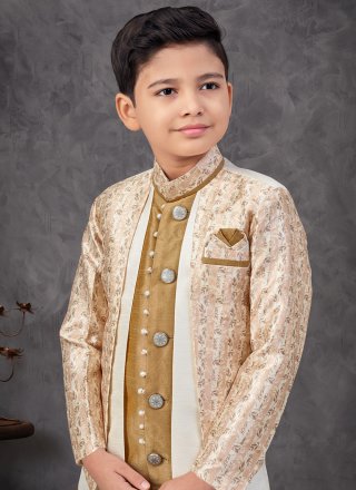 Demure Beige and Multi Colour Jacquard Indo Western