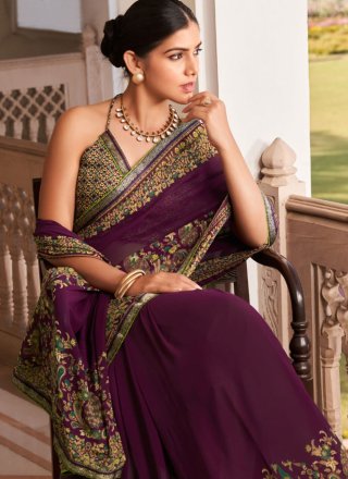 Demure Purple Georgette Designer Saree with Paisley Print Work