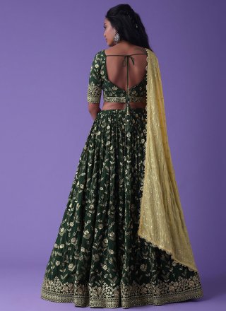 Deserving Green Georgette Lehenga Choli with Embroidered, Sequins and Zari Work